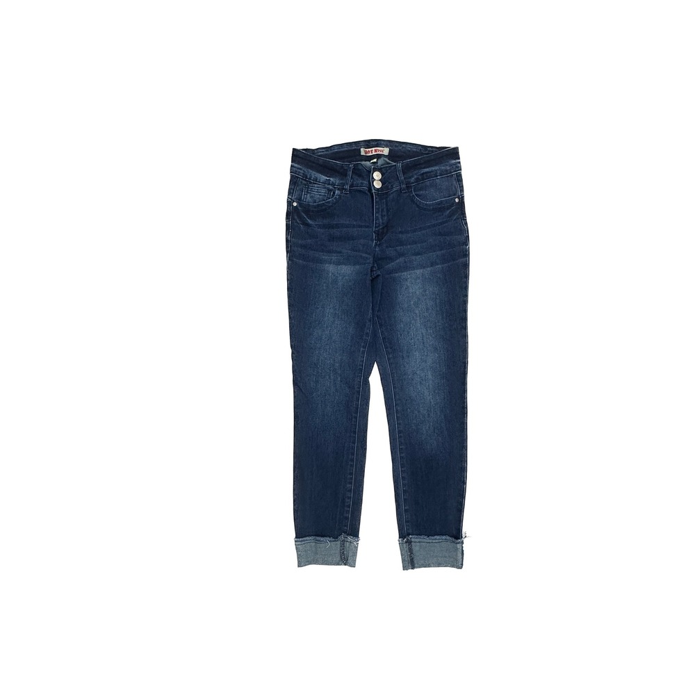 Hot Kiss Skinny Jeans Womens 7 Dark Blue Cuffed Double Button HP1291NG5